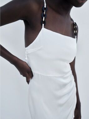 ZARA White Satin Slip Dress Chain Strap Midi Bridal Minimalist Size XS